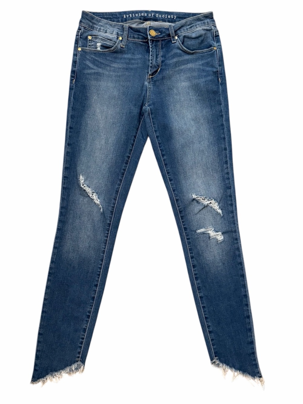 ARTICLES OF SOCIETY Distressed Skinny Jeans with Asymmetrical Raw Hem Size 26/2